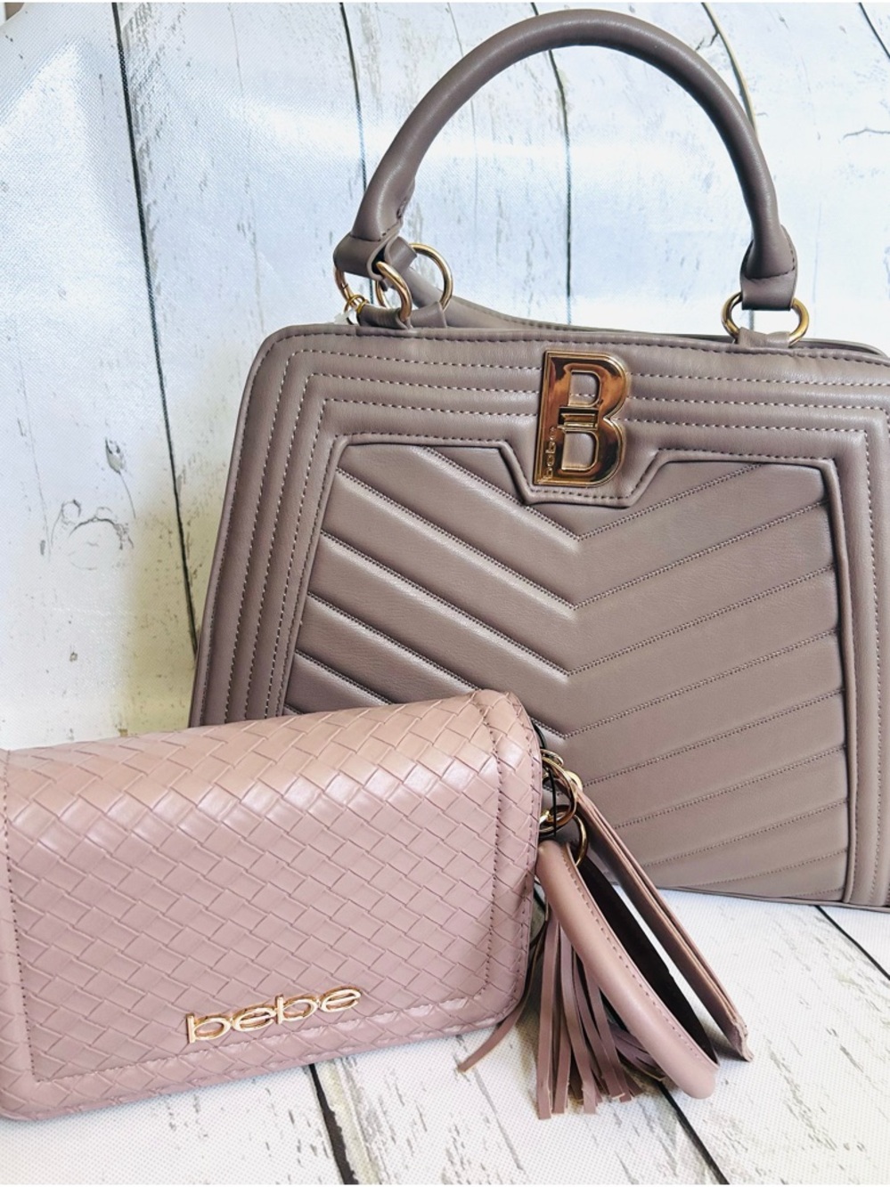 bebe Top-Handle Satchel with Dusty Pink Woven Clutch Bundle